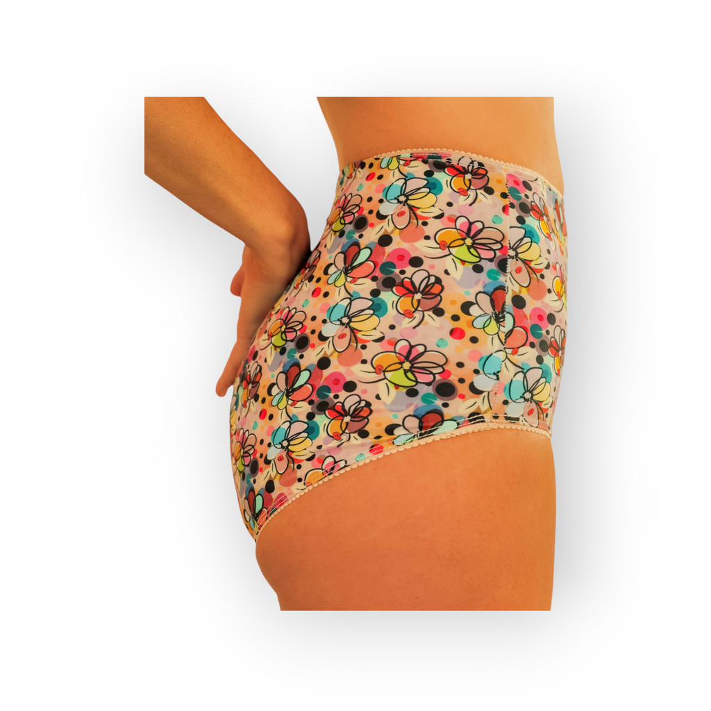 Feel confident and comfortable in our spring patterned  everyday  high briefs with bright florals swirls and matching lace trim- perfect for any activity.  Browse our collection of stylish patterned and  plain  high briefs and underwear and find your perfect fit today.