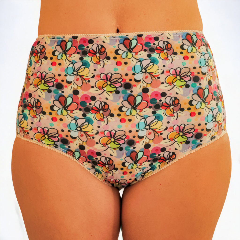 Feel confident and comfortable in our spring patterned  everyday  high briefs with bright florals swirls and matching lace trim- perfect for any activity.  Browse our collection of stylish patterned and  plain  high briefs and underwear and find your perfect fit today.