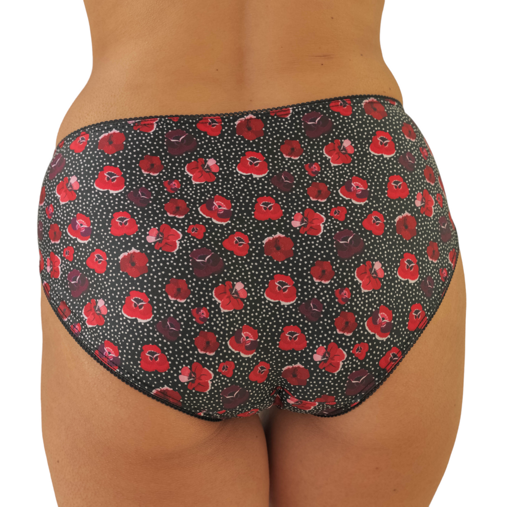 Feel confident and comfortable in our patterned winter pansies everyday  high briefs  and matching lace trim- perfect for any activity.  Browse our collection of stylish patterned and  plain  high briefs and underwear and find your perfect fit today.