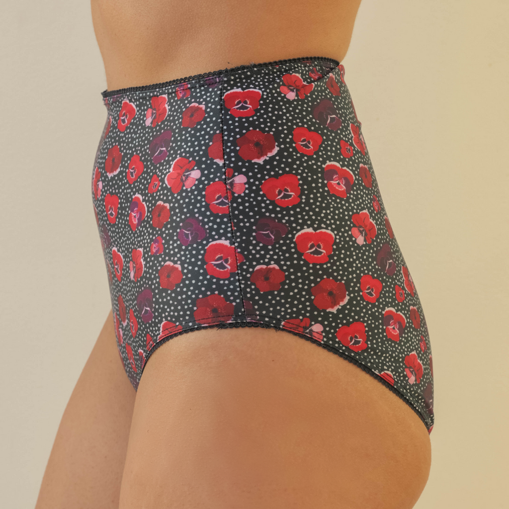 Feel confident and comfortable in our patterned winter pansies everyday  high briefs  and matching lace trim- perfect for any activity.  Browse our collection of stylish patterned and  plain  high briefs and underwear and find your perfect fit today.